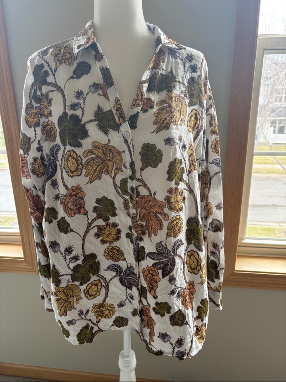 Nicole Miller White Button-Down Shirt with Green and Brown Floral Print